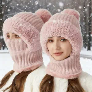 Knitted Face Mask Hat & Scarf Anti-Cold Windproof Winter Accessory for Fashionable Outfits Versatile Warmth Protection Cozy Style Combination Pink Pom-Poms