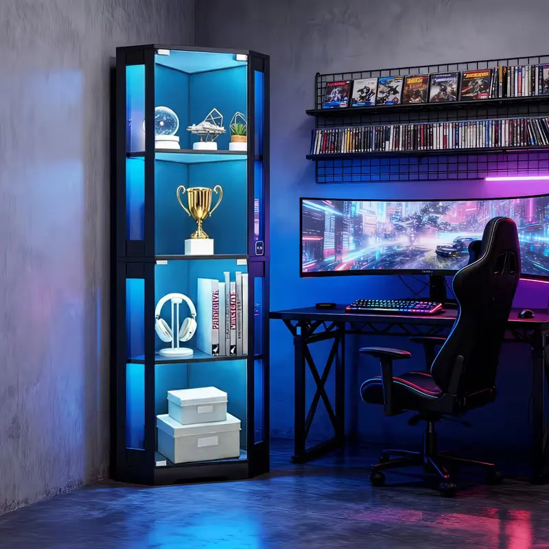 65" Corner Display Cabinet with Glass Doors & LED Lights,  4-Tier Showcase Display Case with Human Body Sensor, Lighted Curio Storage Cabinet for Collectibles, Toys and Books unit