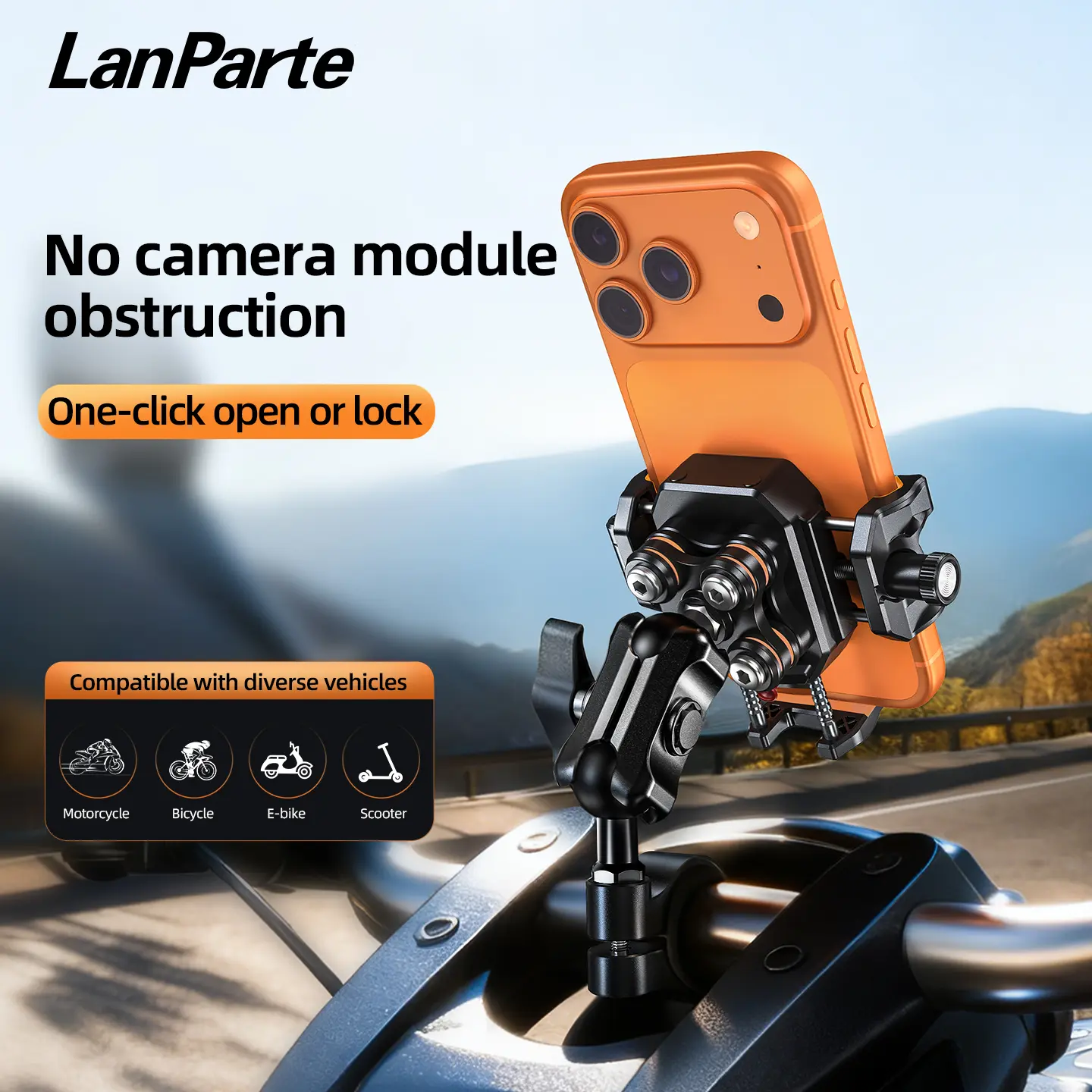 LanParte Motorcycle Handlebar Mobile Phone Holder - Shockproof Protective Vehicle Accessory, 1-Hand Operation, Locking Grip, Fits 5.2-7.2 In Smartphones for Riding