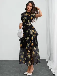 Women's Elegant Floral Print Layered Mesh Short Sleeve Dress, Perspective Ruffle Hem, Casual Fashion, Summer Wear