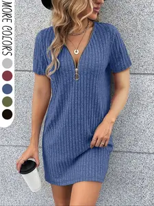 Women's Plain Zipper Front Short Boho Fashion Dress, Casual Short Sleeve Dress for Summer, Ladies Clothes for Daily Wear