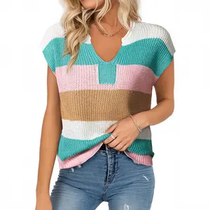 Shewin 2026 Spring/Summer Women's Striped Colorblock Knit Top - Breathable Hollowout V-Neck Short Sleeve Loose Casual Shirt for Daily Wear