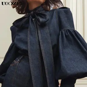 UOOZEE Women's Casual Elegant Chic Long-Sleeve Puff-Sleeve Bow-Embellished Button-Closure Tied High-Neck Blouse with Split-Joint Design, Fit for Smaller Breasts (Cup C+ Order 1 Size Up)