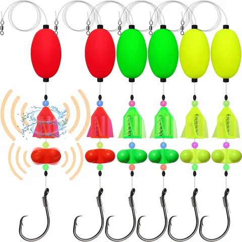 Catfish Fishing Float Tackle Pre-Tied Rig Set - 5/0,6/0,8/0 Circle Hooks (6pcs), Float Hook Swivel, Bell, Double Rattle Buzz, 23in/584mm Length, 55lb, 0.03kg Fishing Tools for Bank/Lake Use, Father's Day Gifts