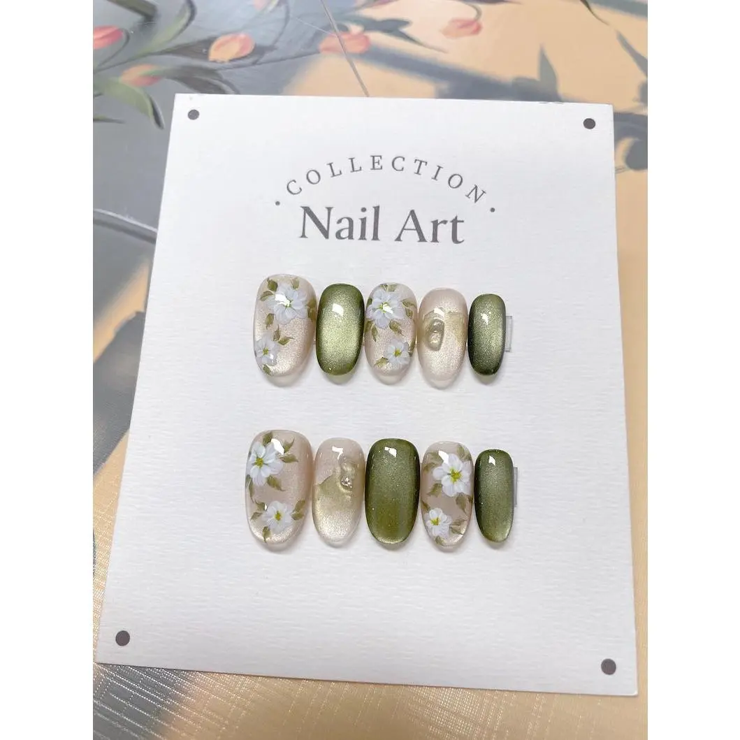 White Flower Cat Eye Press On Nails: Hand Painted Reusable Faux Nails Nail Art Kit Nail Box homedecor