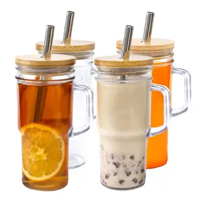 Reusable Glass Cups Set of 4 with Handles, Wide Mouth Design, Ideal for Travel & Daily Use, Durable Drinkware Accessories, Reusable Glasses Set