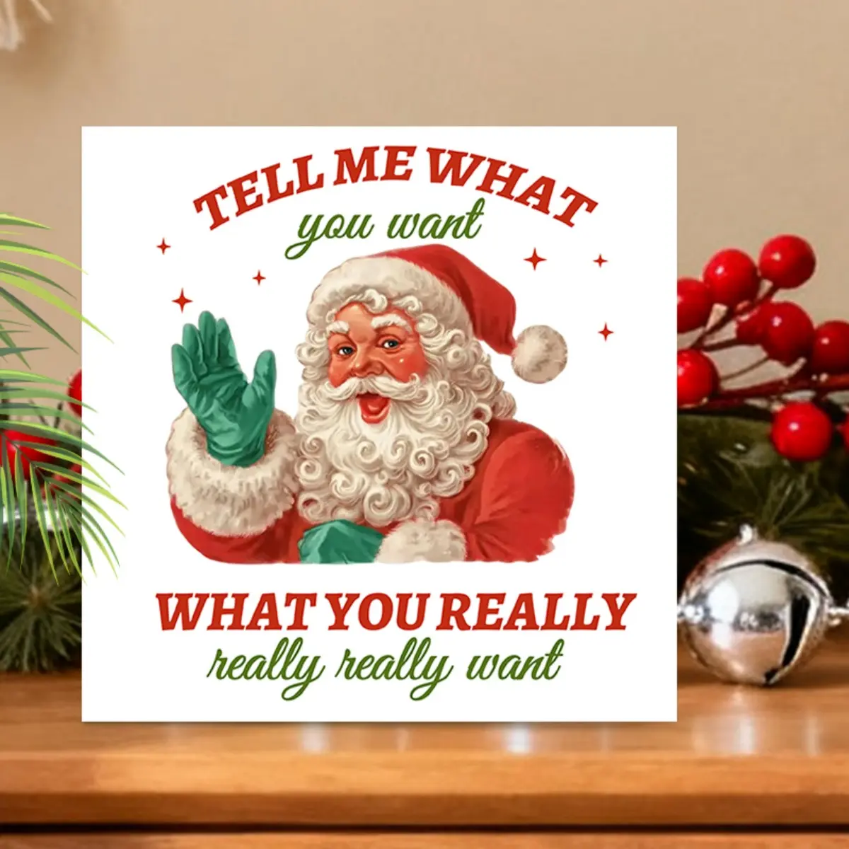 Tell Santa What You Want Rustic Christmas Square PVC Ornament, 4 Inch Decorative Figurine for Holiday Table Centerpiece, Fireplace Mantel Decoration