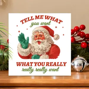 Tell Santa What You Want Rustic Christmas Square PVC Ornament, 4 Inch Decorative Figurine for Holiday Table Centerpiece, Fireplace Mantel Decoration