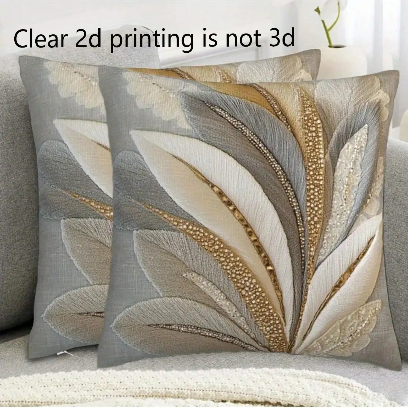 Gold Feather Pattern Pillow Covers Set, 45x45cm Single-Sided Print, Hidden Zipper, Outdoor Patio, Indoor Living Room, Bedroom Decor，Clear 2d printing is not 3d, Home Textile, Sofa Cushion Cover, Cushion Covers For Outdoor Furniture