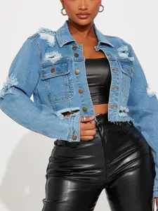 All Torn Up Crop Denim Jacket - Medium Wash