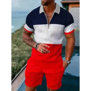 Appropriaty Men's Plus Size 2PC Comfort Set - Trendy Color Block Short-Sleeve Shirt & Shorts - Casual Summer Ensemble