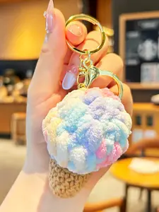 Cute Kawaii Handmade Crochet Ice Cream Keychain, Soft Plush Cartoon Dessert Keychain with Metal Key Ring, Durable Anti-Lost Key Holder Bag Charm for Women Girls Kids Teens Backpack Purse Car Keys Birthday Gift Party Favors