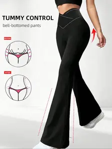 High Waisted Crossover Tummy Control Flared Leggings for Women, Butt Lifting Stretchy Bell Bottom Yoga Pants, Workout Athletic Running Jogging Casual Daily Wear, TikTok Viral Fashion 2025 Trendy Comfy Soft Fabric Slimming Bodycon Trousers for Gym, Street
