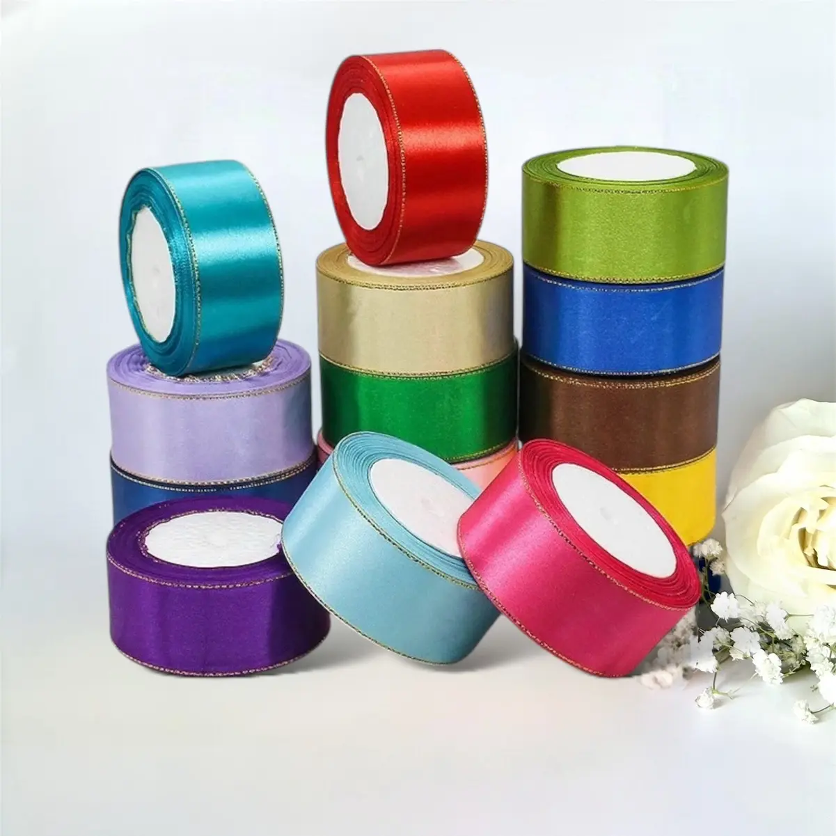 Gold-edged Satin Ribbon Set (5 Rolls, 1.5in/4cm Width, 25 yd) - Festive & Home Decor Supplies for Weddings, Gift Wrapping, Gift Boxes, Flower Bouquets, DIY Birthday Anniversary Decor