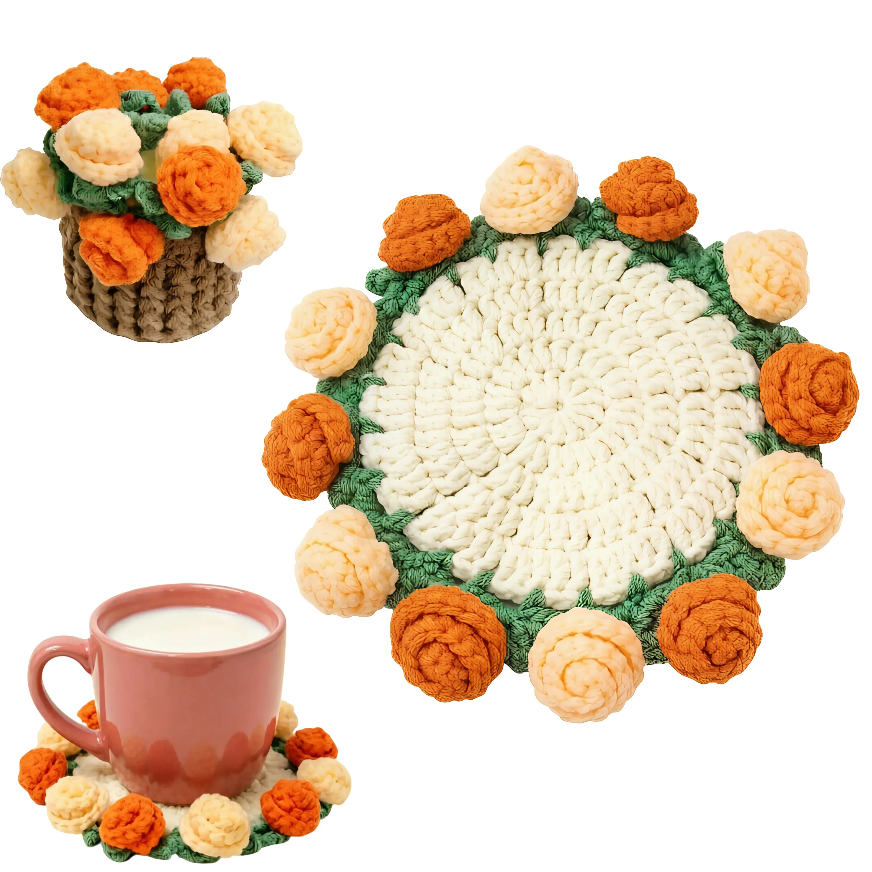 Handmade Crochet Flower Round Coasters, Soft Decorative Drink Coasters for Home Kitchen Tabletop, Orange & Yellow, Round Coaster,back to school,back to school haul