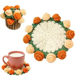 Handmade Crochet Flower Coasters, Soft Decorative Drink Coasters for Tabletop, Home Kitchen Office Decor, Orange & Yellow
