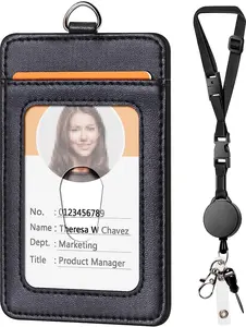 Leather Badge Holder with Adjustable Retractable Keychain Lanyard, Quick-Release Buckle, Safety Breakaway, and Swivel Metal Clasp for Office Staff, Students
