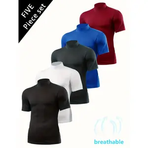 Men's 5pcs Breathable Slim Fit T-Shirts Moisture Wicking Stretchy Crewneck for Gym Running Enthusiasts Shirt Muscle Fishing Hoodie Short Sleeve Sport Performance Fabric Tight Fitting Top Sun Hoodie Shirt Gym Tees Gym Tops compression shirts for men