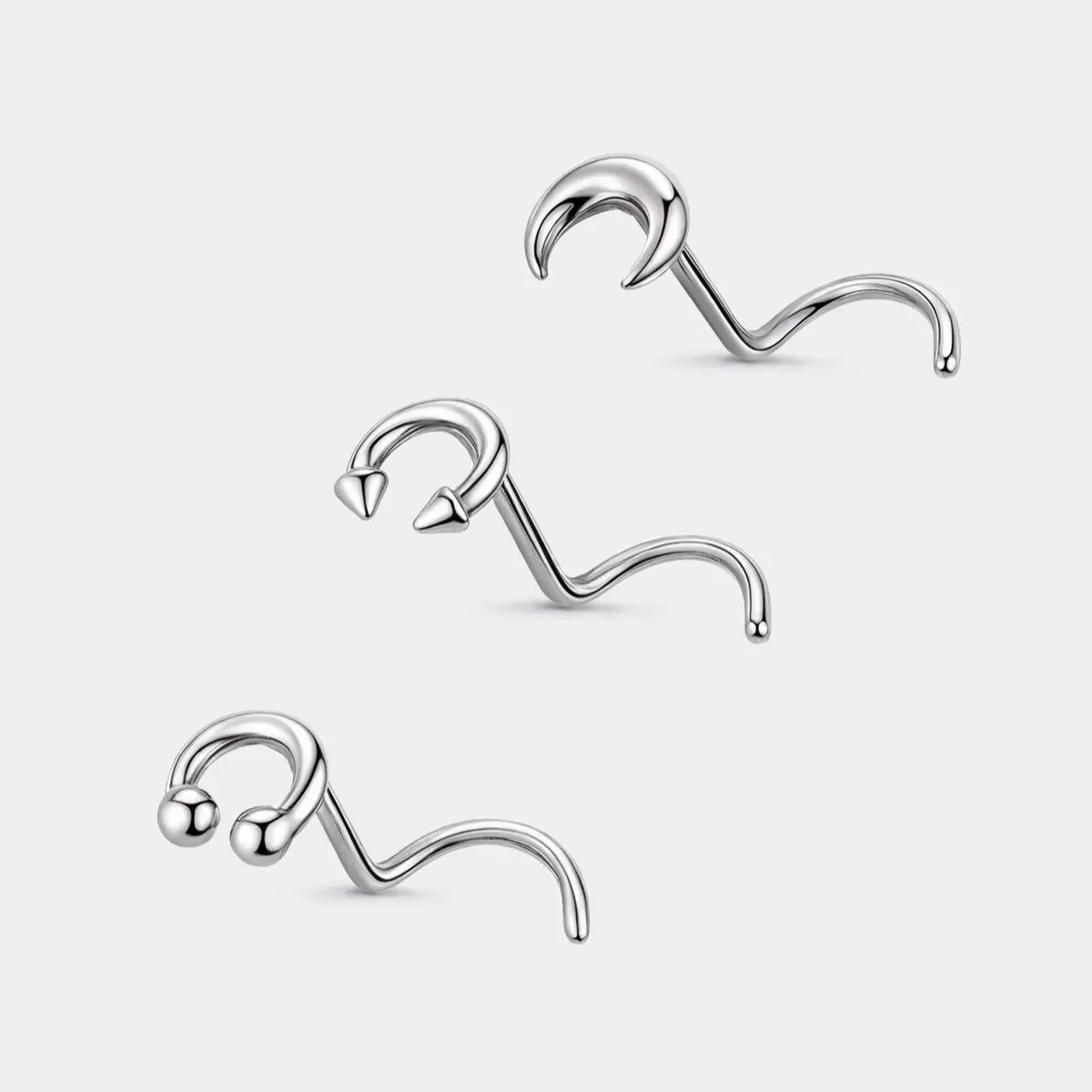 Oufer 3PCS Stainless Steel Pincher+Horseshoe Cool Piercing Type Corkscrew Nose Studs