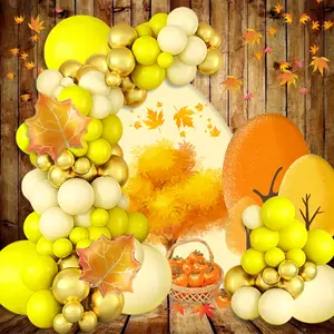 108 autumn Thanksgiving themed balloon arch set, featuring maple foil balloons with Maka yellow and yellow gold balloons, suitable for autumn Thanksgiving themed birthdays, weddings, gender revealing, and shower decorations