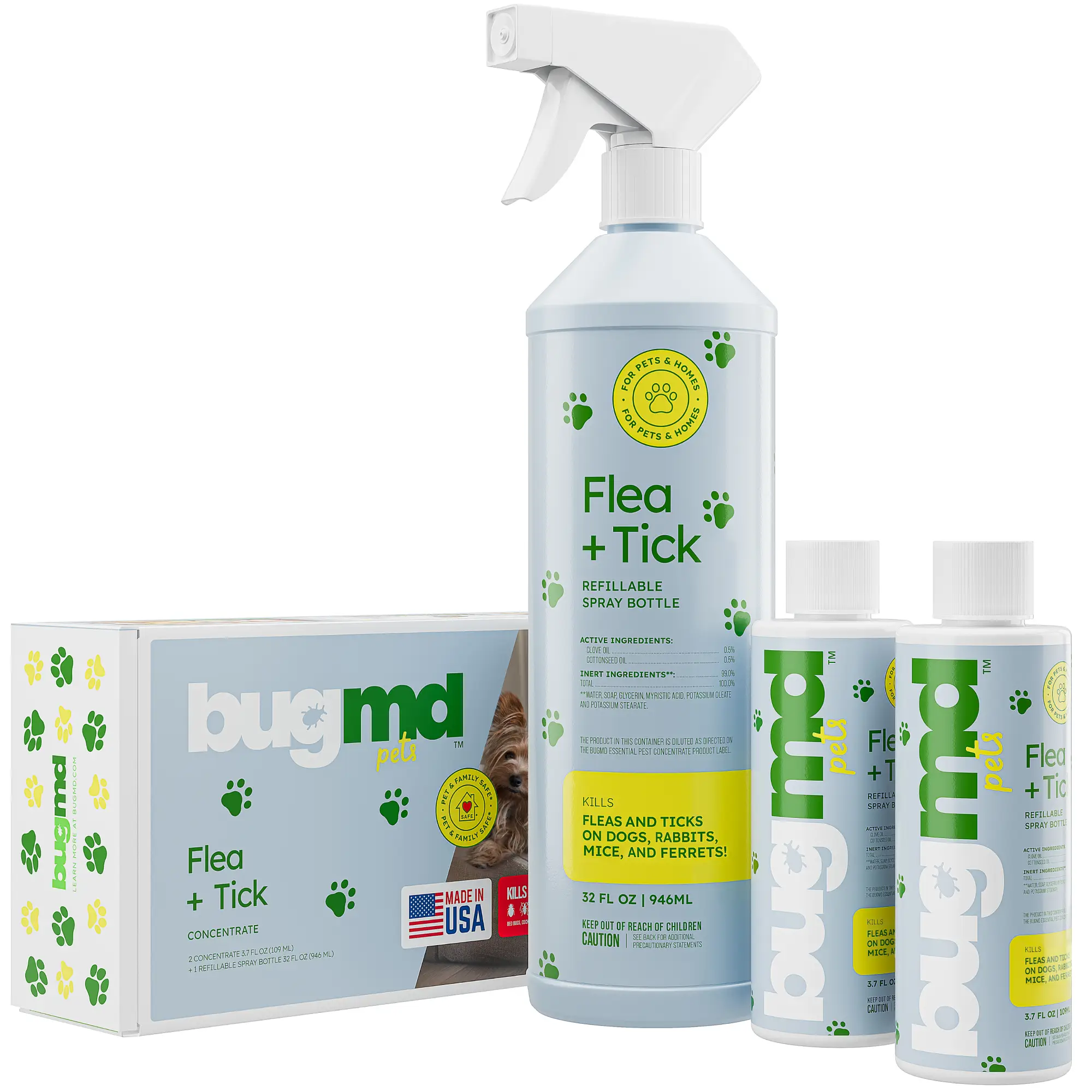 BugMD Flea & Tick Concentrate 3.7 oz 2-Pack Plant-Based Formula for Pet Areas Refillable Spray Bottle