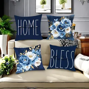 4pcs Modern Blue & White Floral Pillow Covers - 18x18 Inch Washable Polyester Cushion Covers with Zipper, Decorative Throw Pillow Cases for Living Room & Bedroom | Home Blessing & Home Design