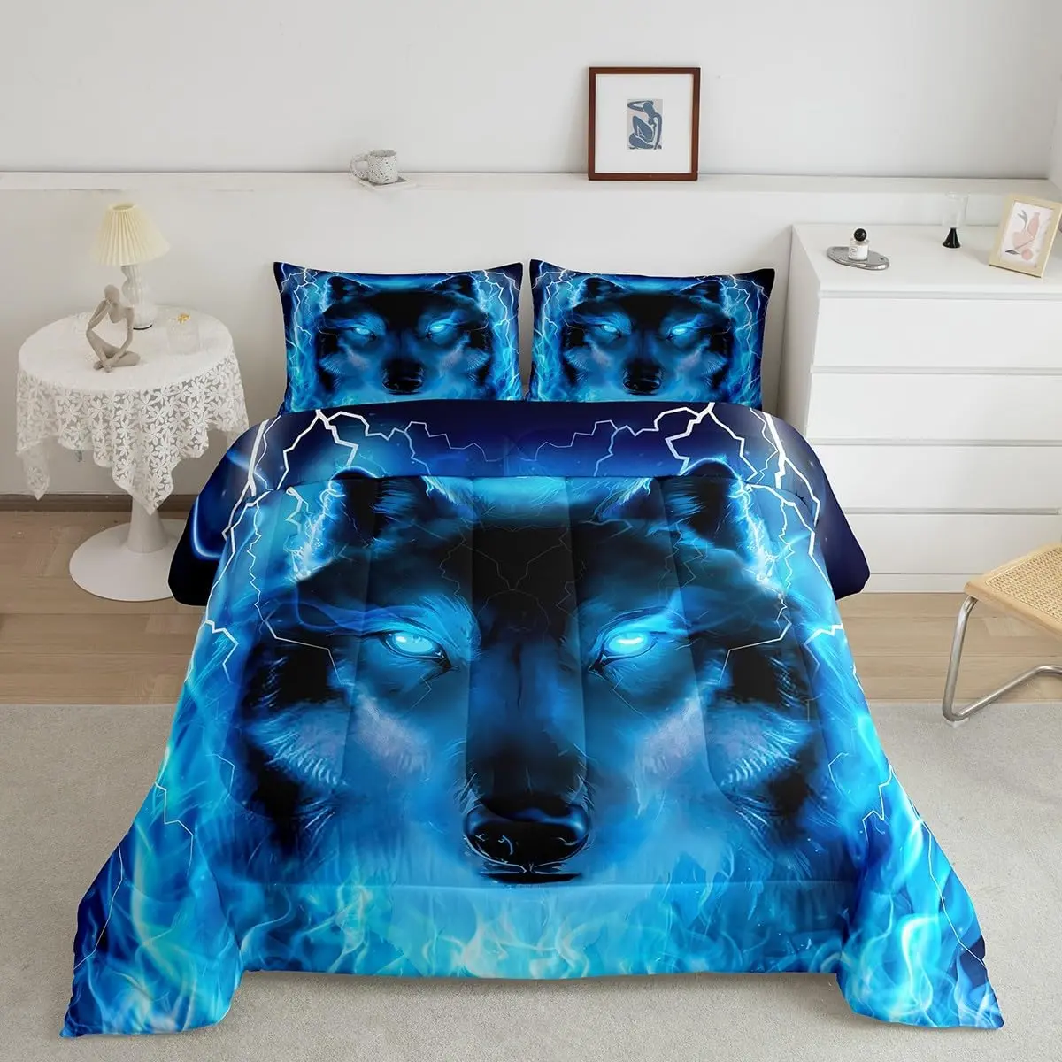 3D Wolf Pattern Bedroom Bedding Set - Breathable Decorative Duvet Set, Safari Animal Design, Luxury Cool Wildlife Style, Lightweight Blue Wolf Themed Soft Furnishings, Breathable Duvet Set