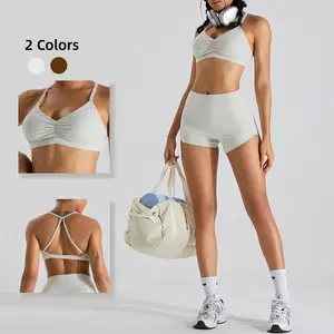 Yeyea Women's Seamless Padded Sports Bra with Crisscross Back and Removable Pads Solid Sport Comfort Push-Up Bralette