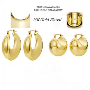 14K Real Gold Plated Chunky Hoop Earrings for Women Simple Handmade Hypoallergenic Gold Hoops Flatback Stud Earring Thick Hoops Trendy Jewelry