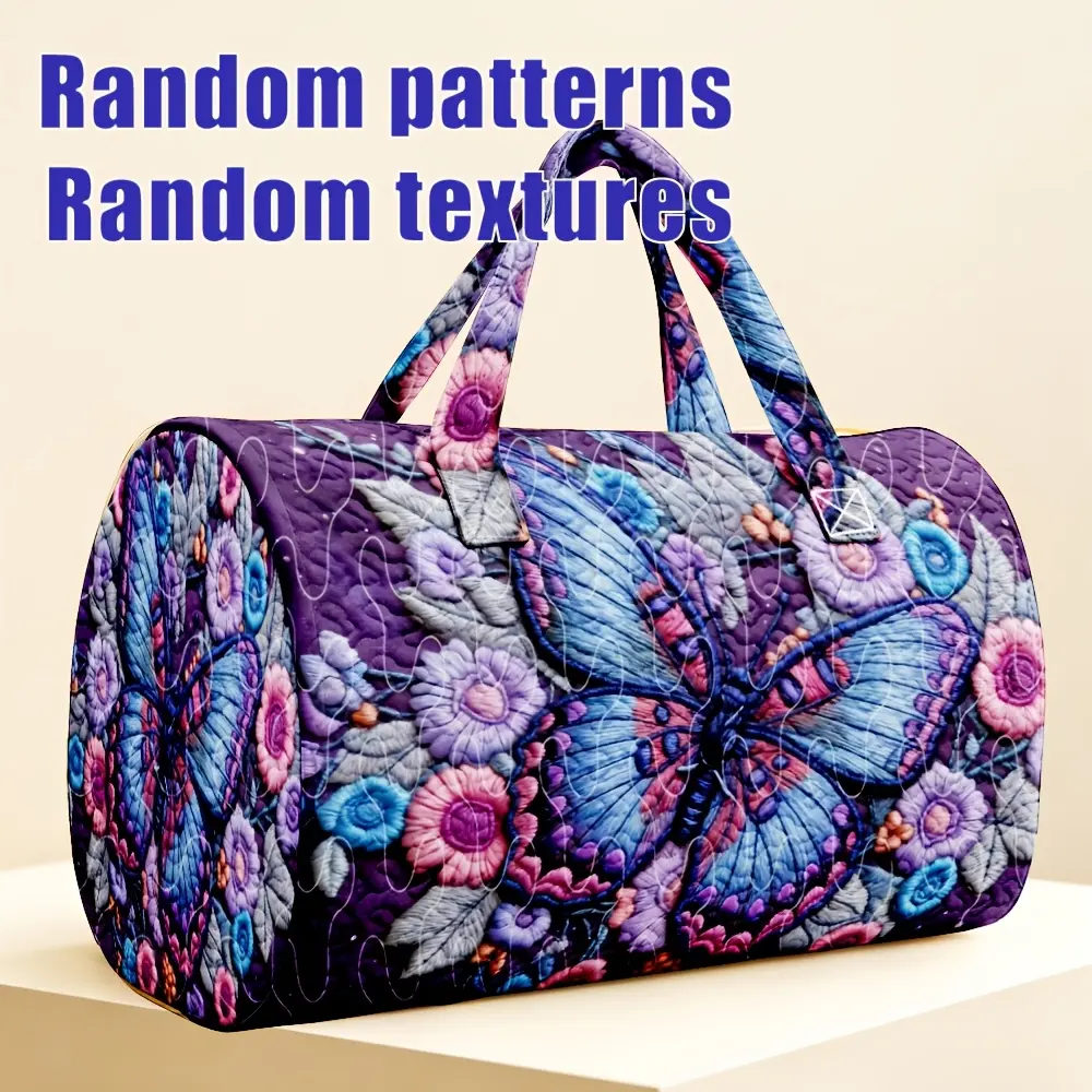 1pc Purple Butterfly Floral Pattern Quilted Boston Handbag, Purple Butterfly Garden Theme Romantic Purple Theme Travel Tote Bag, Suitable for Women Who Love Purple And Butterfly Patterns, Halloween Thanksgiving Christmas Holiday Gift Random Print