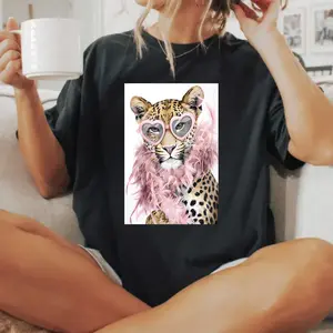Leopard Wearing Heart Sunglasses T-Shirt | Pink Feather Boa Animal Portrait
