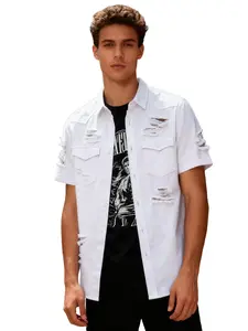 WIRDATRD Men's Ripped Short Sleeve Denim Shirt with Button Front Dual Pocket Casual All-Season Menswear Outfit for New Year Look