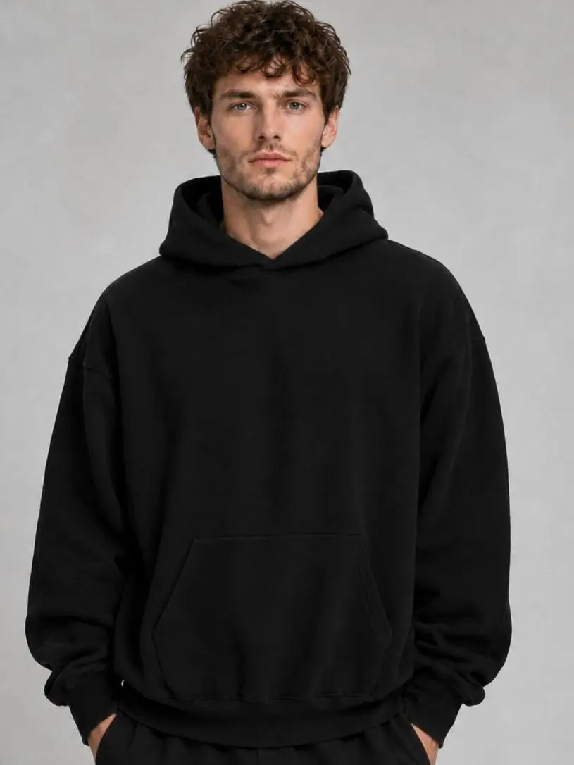 Men's Classic Black Heavyweight Fleece Pullover Hoodie - Relaxed Fit, Long Sleeve, Casual Menswear Tops, Everyday Streetwear Sweatshirts, Plain, No, Casual Sweatshirt Hoodie, Longsleeves
