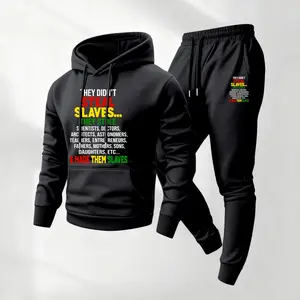 Men's Black History Printed 2-Piece Hoodie & Drawstring Sweatpants Set - Casual Athletic Long-Sleeve Hooded Jacket & Trousers for Fall Winter, Daily Wear, Indoor Outdoor Athleisure Menswear Sportswear
