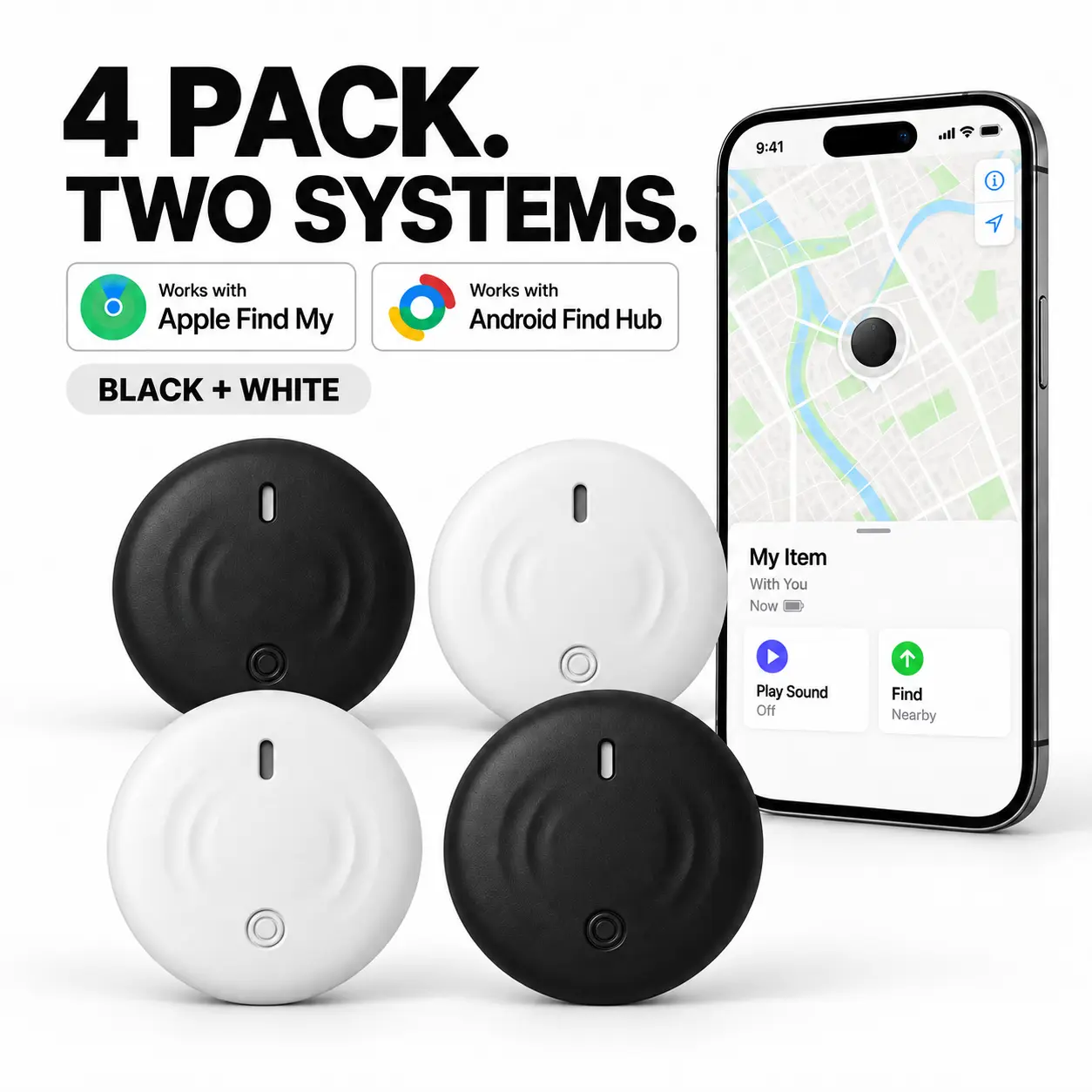 Round Bluetooth Item Tracker (Black – 2-Pack/4-Pack) – Supports "Find My" and "Find Hub" on iOS and Android; IP66 waterproof; replaceable battery; suitable for keys and bags (sohochic)