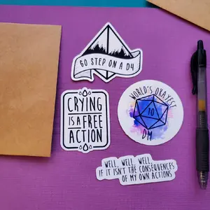 DnD Funny Sticker Pack, 4 Stickers, Nerdy Gift, Funny Gift for Dungeon Master or DnD Player, Crying is a Free Action, Go Step on a D4, World's Okayest DM, Consequences of My Own Actions
