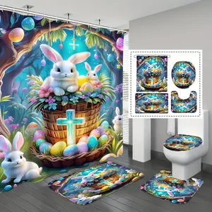 Easter Forest Bunny Theme Bath Curtain, Waterproof and Easy to Clean, Modern Wall-Mounted Bathroom Supplies, 1/3/4pcs Set