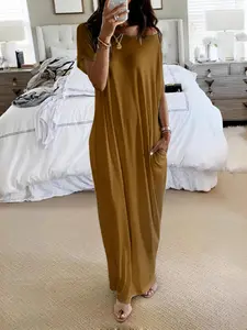 Women's Loose-fit Soft Casual Dress, Round Neck Short Sleeve Comfortable Home Wear, Elegant Victorian Style for Fall Winter Season