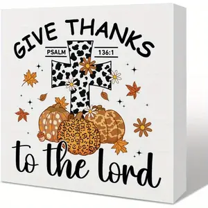 Pumpkin Christian Fall Wood Box Sign Home Decor, Farmhouse Thanksgiving Wooden Sign Desk Decor, Fall Thanksgiving Decorations for Home Office Kitchen, Give Thanks to The Lord 5x5inch