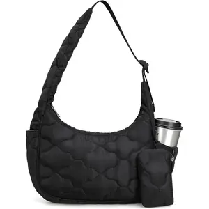 Small Puffer Crescent  Bag for Women Cute Clouds Quilted Puffy Nylon Purse Mini Everyday Bag with Adjustable Strap