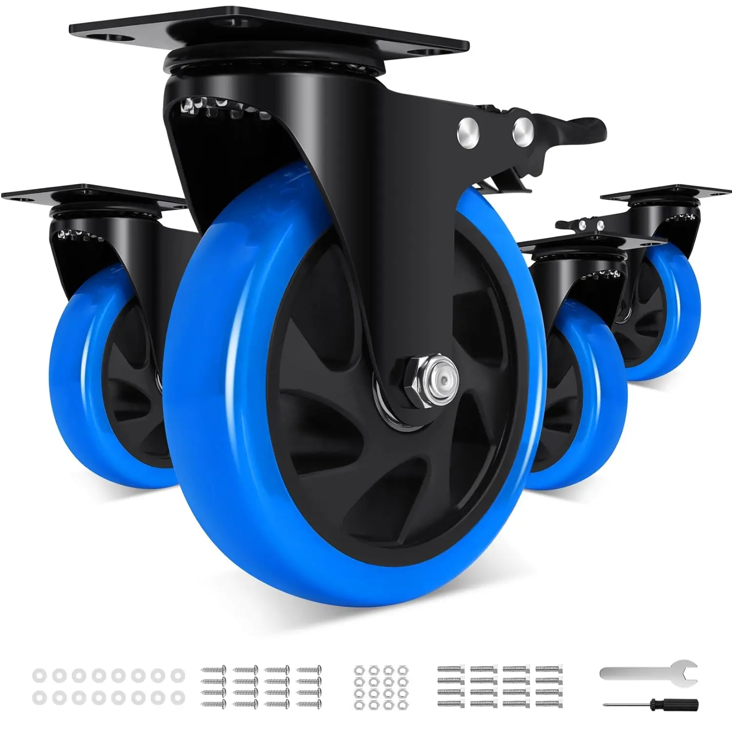 5 Inch Casters Wheel Set of 4, 2200 Lbs Heavy Duty Casters, Safety Locking Industrial Casters with , No Noise Plate Wheels for Cart, Workbench, Furniture (Free Hardware Kits)