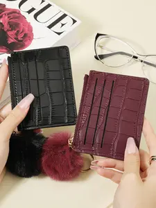 Card holder ultra-thin, lightweight, portable cash, ID card, credit card, coin pocket wallet, Adorned with a Delicate Pom-pom, High quality credit card storage bag with simple and casual multi card clip, Credit Card Organizer, PU Card Holder