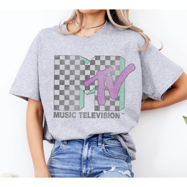 MTV Checkered Distressed Retro Logo Graphic T-shirt, Music Television MTV Logo Tee, MTV Logo T-shirt