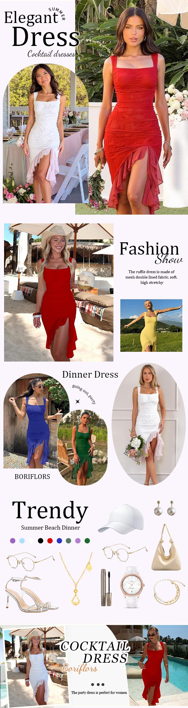 BORIFLORS 2026 Women's Square Neck Sleeveless Sexy Ruched Bodycon Cocktail Elegant Ruffle Mesh Hem Midi Evening Dress, Summer Comfort Womenswear wedding guest outfit Homecong Dresses Back to School Wear