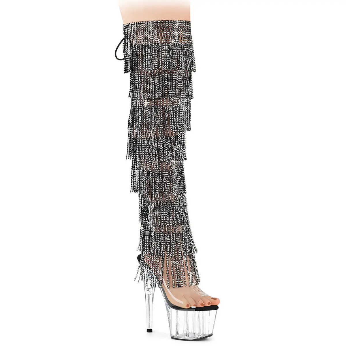 Pleaser Women's Platform Lace Fashion Booties - Adore-3019C-RSF, Clear-Black/Clear, Party Rhinestone Zip Open Toe Women's Footwear, Lace Up Boot, Block Heel, Side Zipper, Boot Heels, Shoe, 7 In