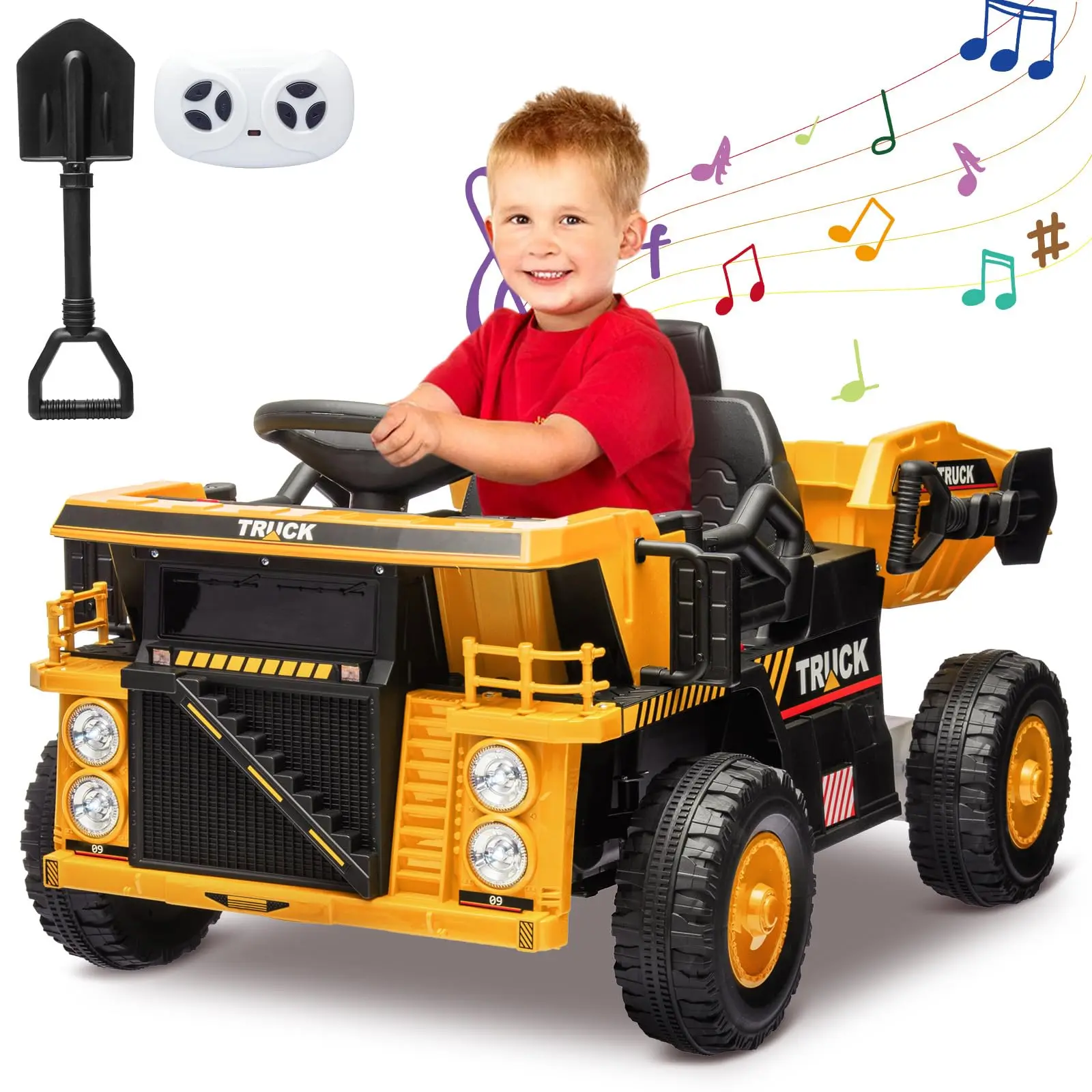 GARVEE 12V Ride On Dump Truck with Remote Control, Electric Dump Bed and Shovel, Construction Vehicle for Outdoor Fun, Includes Music Player, High and Low Speed Settings, Yellow
