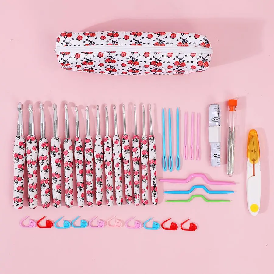 Rose Pattern Crochet Kit, 1 Set Crochet Hook Set with Storage Bag, Crochet Supplies Kit, DIY Beginner Friendly Knitting Sweaters Scarves Hats Socks Crochet Kit for Beginners, Tool for Handmade Crafts