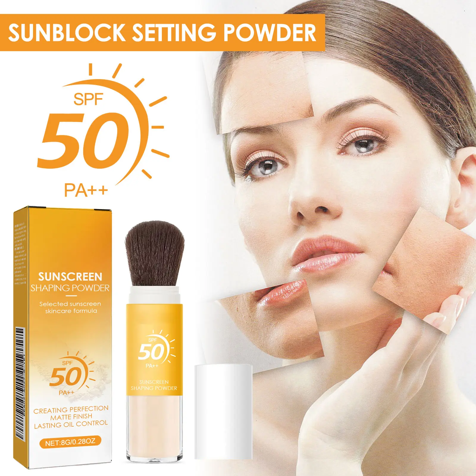 SPF 50 PA++ Cosmetic Sunscreen Powder with Brush, Lightweight Setting Powder, Long-Wear Waterproof Sweatproof, Oil Control, Natural Light Matte Finish, Infused with Titanium Dioxide & Sodium Hyaluronate for Daily Makeup Concealer