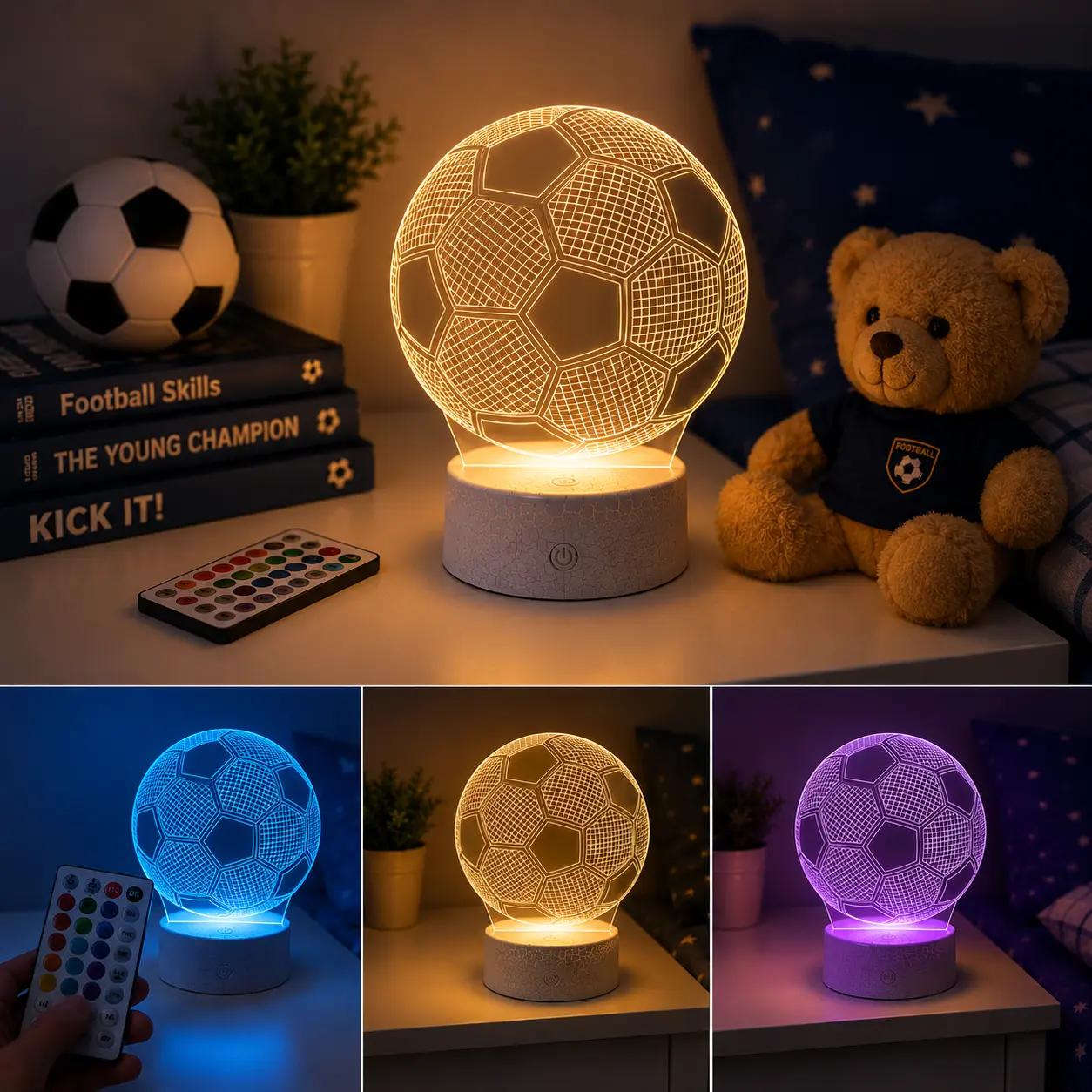 SoccerGlow Soccer Design 3D Illusion LED Night Light - RGB 16 Color Changing Modes, Remote & Touch Control, Timer, USB Low Voltage Power, Adjustable Indoor Lighting for Boys, Calming Bedroom Decor & Gift to Light Up Your Space sohochic, 3D Optical Illusio