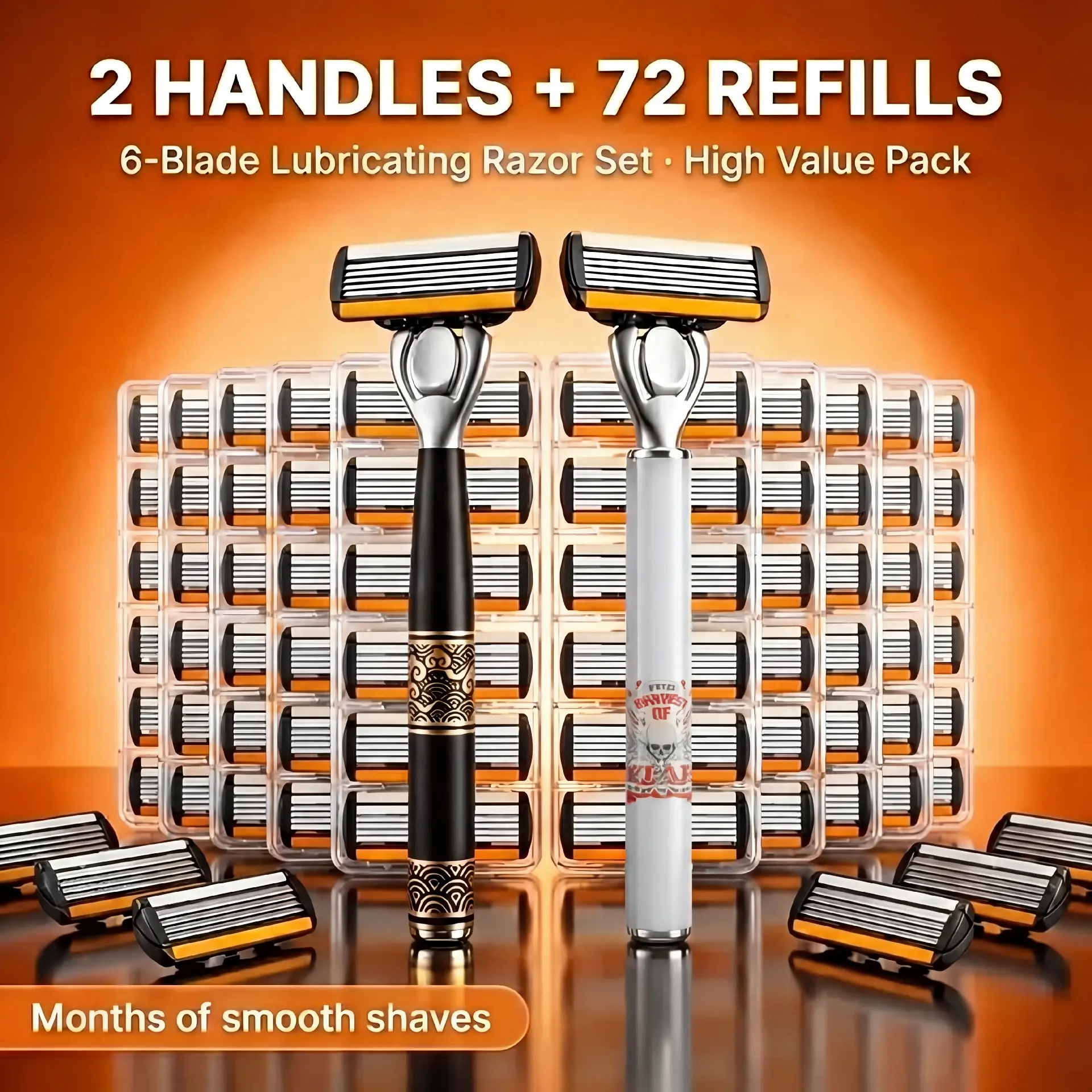 Men's Manual Razor Set - Grooming Refill Kit with 72 Stainless Steel Replaceable Blades and 2 Handles, Long-Lasting Value for Daily Use, Adults, Steel Handle, Better Value, Easy Daily Shaving Restock, High Value Pack